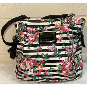 Nicole by Nicole Miller Floral Stripe Handbag large double strap tote snap close